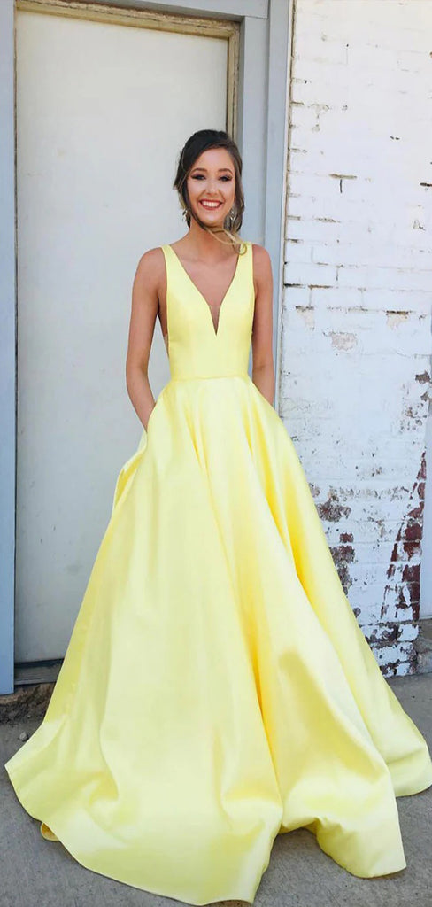 Elegant Yellow A-Line Spaghetti Straps V Neck Long Party Prom Dresses, Evening Gowns, FM162