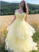 Elegant Light Yellow A-Line Spaghetti Straps V Neck Ruffle Long Party Prom Dresses, Evening Gowns, FM163