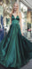 Elegant Green A-Line Spaghetti Straps V Neck Long Party Prom Dresses, Evening Gowns, FM164