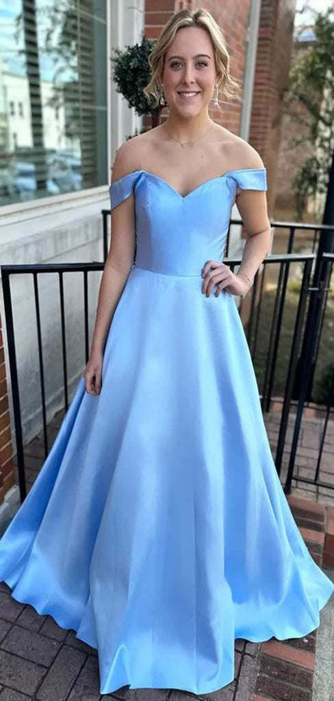 Gorgeous Blue A-Line Off Shoulder V Neck Long Party Prom Dresses, Evening Gowns, FM167