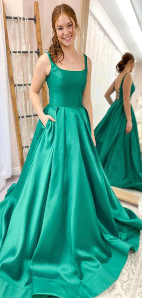 Gorgeous Green A-Line Spaghetti Straps Square Long Party Prom Dresses, Evening Gowns, FM168