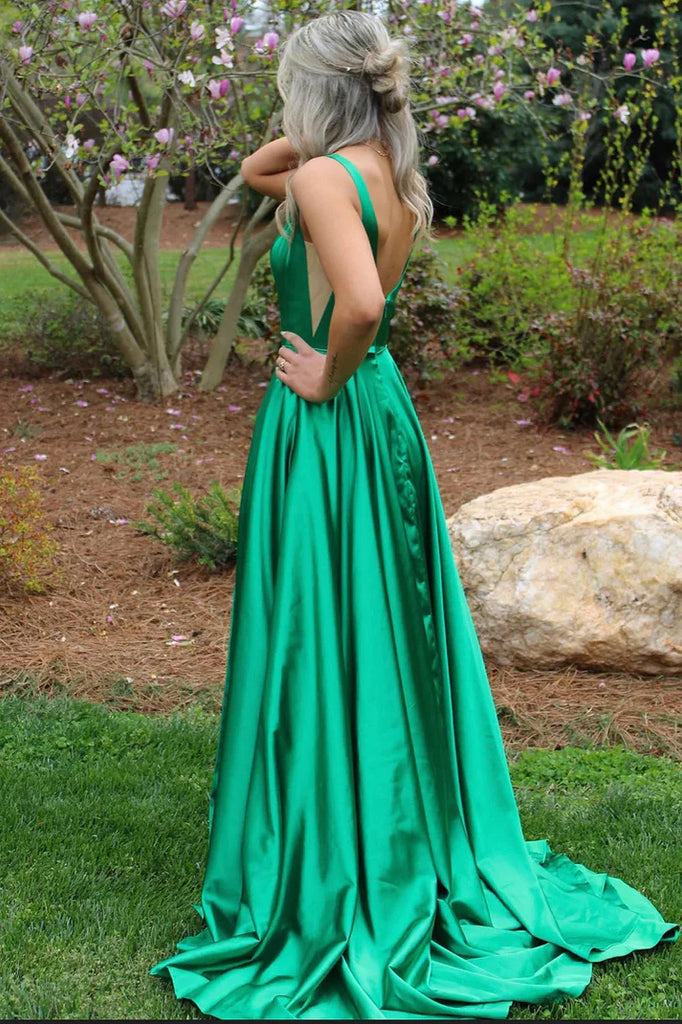 Elegant Emerald A-Line Spaghetti Straps V Neck Side Slit Long Party Prom Dresses, Evening Gowns, FM170