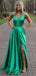 Elegant Emerald A-Line Spaghetti Straps V Neck Side Slit Long Party Prom Dresses, Evening Gowns, FM170