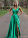 Elegant Emerald A-Line Spaghetti Straps V Neck Side Slit Long Party Prom Dresses, Evening Gowns, FM170