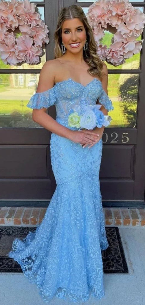 Elegant Sky Blue A-Line Sweetheart Off Shoulder Lace Long Party Prom Dresses, Evening Gowns, FM171