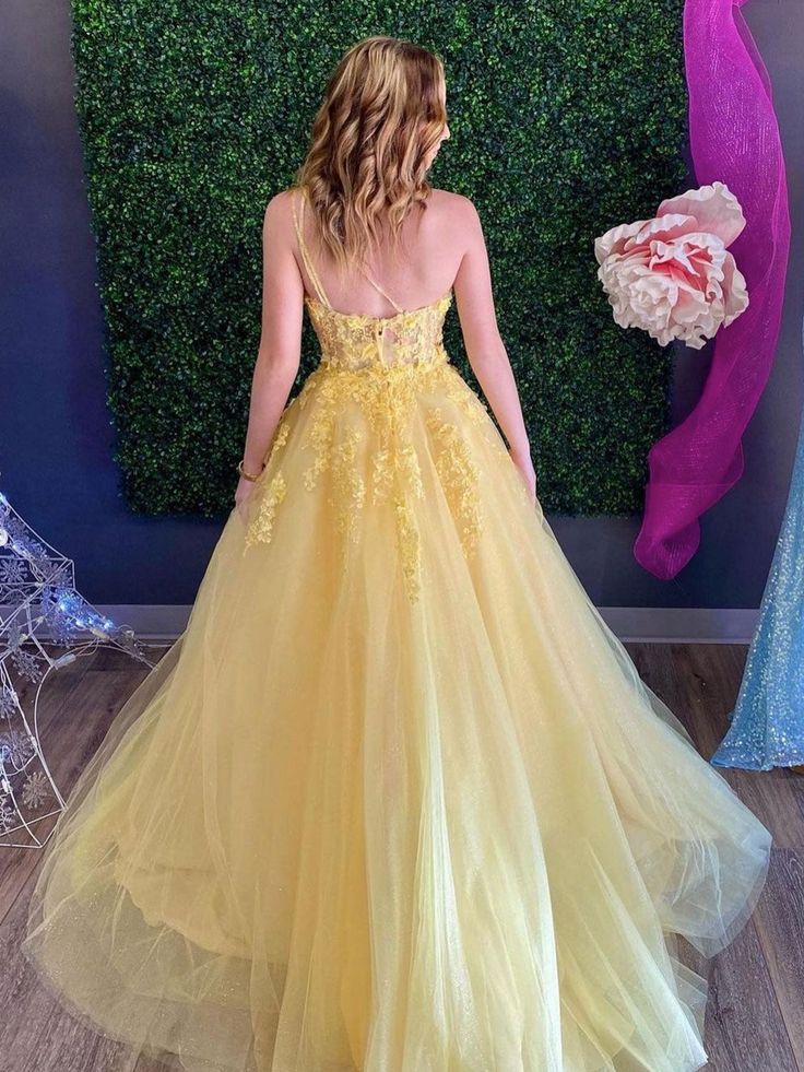 Gorgeous Yellow A-Line One Shoulder Lace Maxi Long Party Prom Dresses, Evening Gowns, FM177