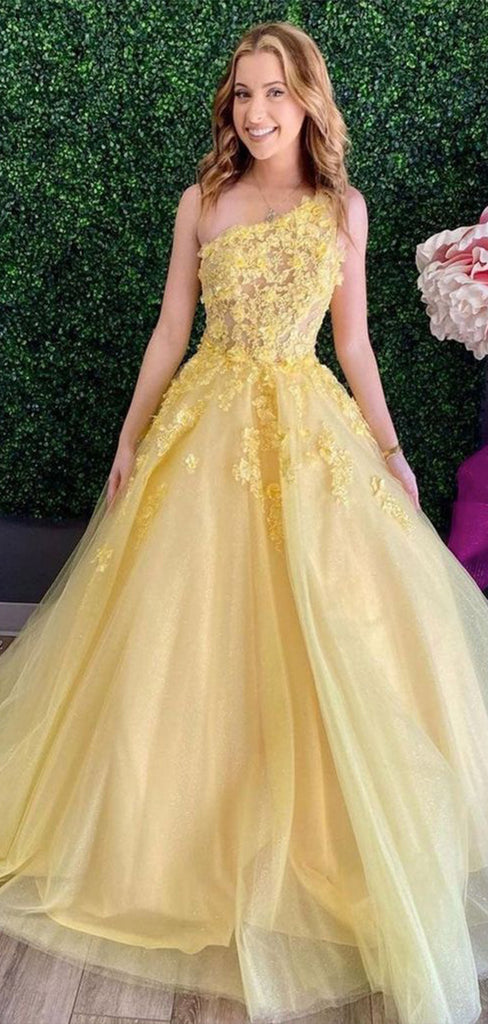 Gorgeous Yellow A-Line One Shoulder Lace Maxi Long Party Prom Dresses, Evening Gowns, FM177