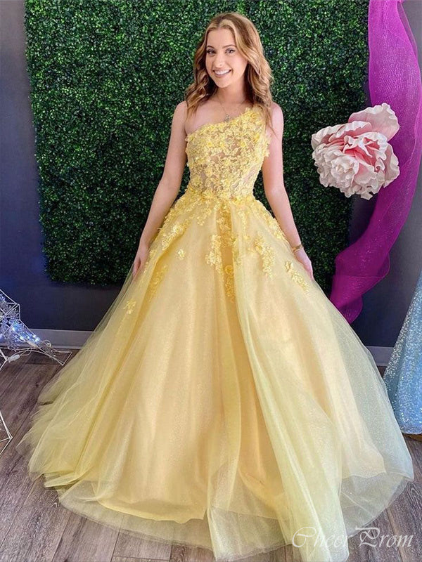 Gorgeous Yellow A-Line One Shoulder Lace Maxi Long Party Prom Dresses, Evening Gowns, FM177