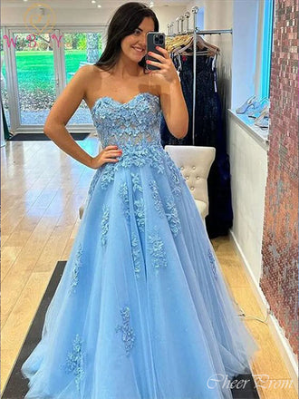 Elegant Blue A-Line Sweetheart Sleeveless Lace Maxi Long Party Prom Dresses, Evening Gowns, FM178