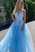 Gorgeous Blue A-Line Spaghetti Straps V Neck Applique Maxi Long Party Prom Dresses, Evening Gowns, FM179