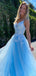 Gorgeous Blue A-Line Spaghetti Straps V Neck Applique Maxi Long Party Prom Dresses, Evening Gowns, FM179