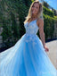 Gorgeous Blue A-Line Spaghetti Straps V Neck Applique Maxi Long Party Prom Dresses, Evening Gowns, FM179