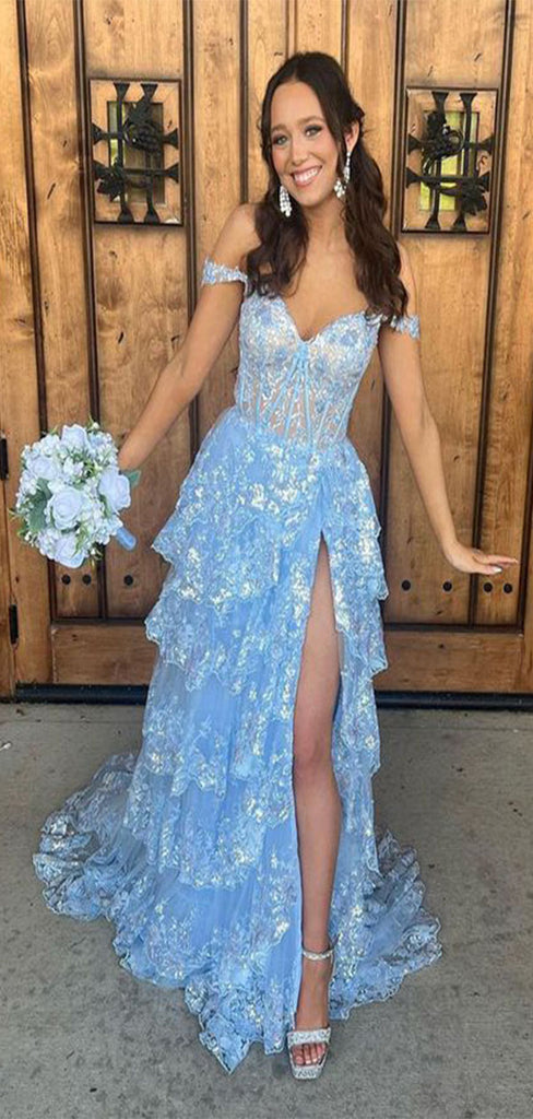 Sparkly Blue A-Line V Neck Off Shoulder Side Slit Sequins Ruffle Applique Maxi Long Party Prom Gowns,Evening Dresses,FM17