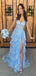 Sparkly Blue A-Line V Neck Off Shoulder Side Slit Sequins Ruffle Applique Maxi Long Party Prom Gowns,Evening Dresses,FM17