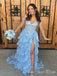 Sparkly Blue A-Line V Neck Off Shoulder Side Slit Sequins Ruffle Applique Maxi Long Party Prom Gowns,Evening Dresses,FM17