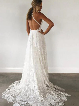 Simple Spaghetti Straps V Neck Sleeveless Lace Popular Long Bridal Dress, Wedding Dresses, CPD189