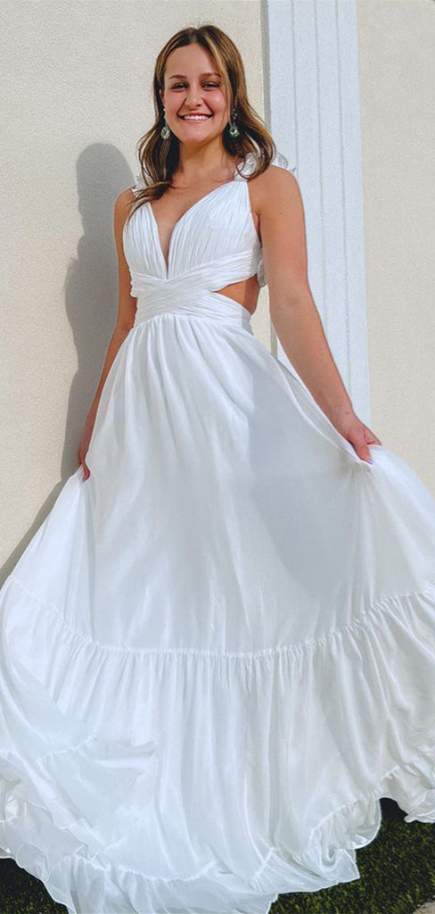 Unique White A-Line Straps V Neck Maxi Long Party Prom Dresses, Evening Gowns, FM182