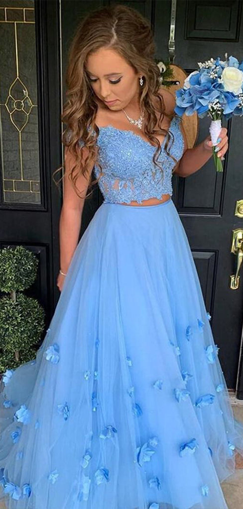 Gorgeous Two Pieces Blue A-Line Off Shoulder V Neck Applique Maxi Long Party Prom Dresses, Evening Gowns, FM183