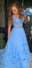 Gorgeous Two Pieces Blue A-Line Off Shoulder V Neck Applique Maxi Long Party Prom Dresses, Evening Gowns, FM183