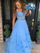 Gorgeous Two Pieces Blue A-Line Off Shoulder V Neck Applique Maxi Long Party Prom Dresses, Evening Gowns, FM183