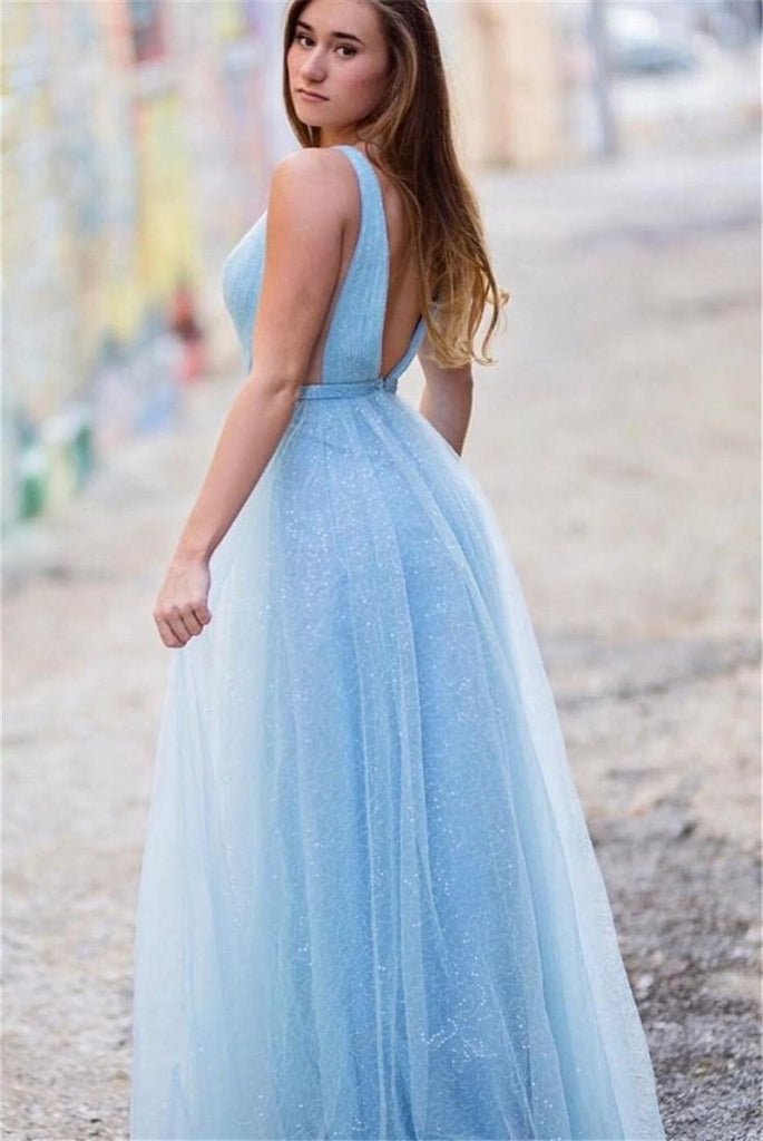 Elegant Sky Blue A-Line Straps V Neck Sequin Maxi Long Party Prom Dresses, Evening Gowns, FM184