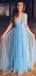 Elegant Sky Blue A-Line Straps V Neck Sequin Maxi Long Party Prom Dresses, Evening Gowns, FM184