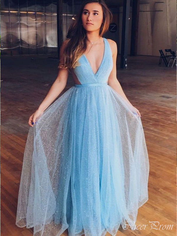 Elegant Sky Blue A-Line Straps V Neck Sequin Maxi Long Party Prom Dresses, Evening Gowns, FM184