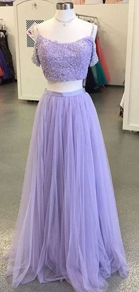 Elegant Two Pieces Purple A-Line Spaghetti Straps Applique Sequin Maxi Long Party Prom Dresses, Evening Gowns, FM185