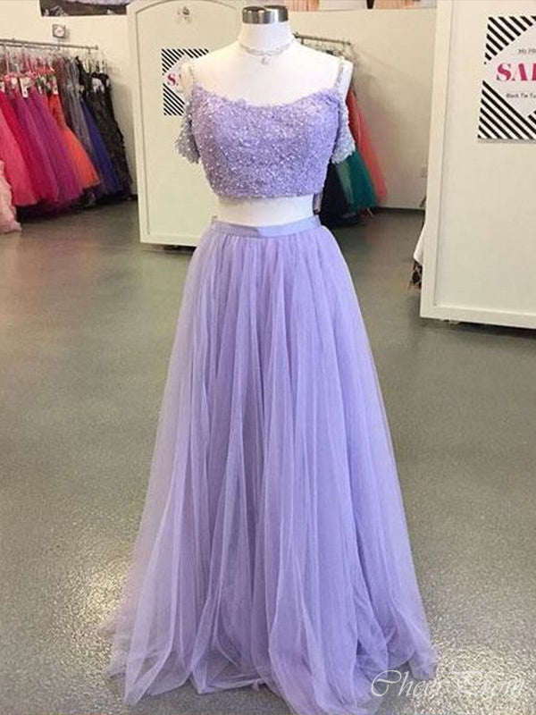 Elegant Two Pieces Purple A-Line Spaghetti Straps Applique Sequin Maxi Long Party Prom Dresses, Evening Gowns, FM185