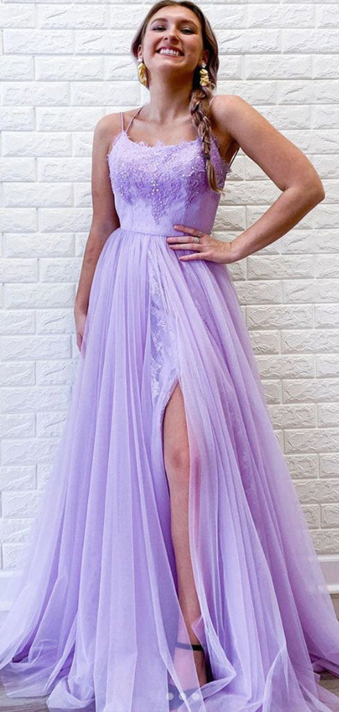 Charming Light Purple A-Line Spaghetti Straps Side Slit Applique Maxi Long Party Prom Dresses, Evening Gowns, FM186