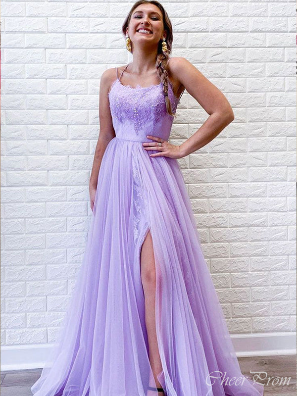 Charming Light Purple A-Line Spaghetti Straps Side Slit Applique Maxi Long Party Prom Dresses, Evening Gowns, FM186