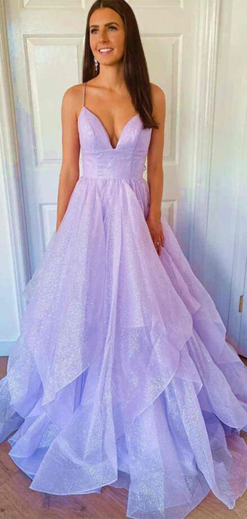 Elegant Light Purple A-Line Spaghetti Straps V Neck Lace Up Maxi Long Party Prom Dresses, Evening Gowns, FM187