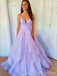 Elegant Light Purple A-Line Spaghetti Straps V Neck Lace Up Maxi Long Party Prom Dresses, Evening Gowns, FM187