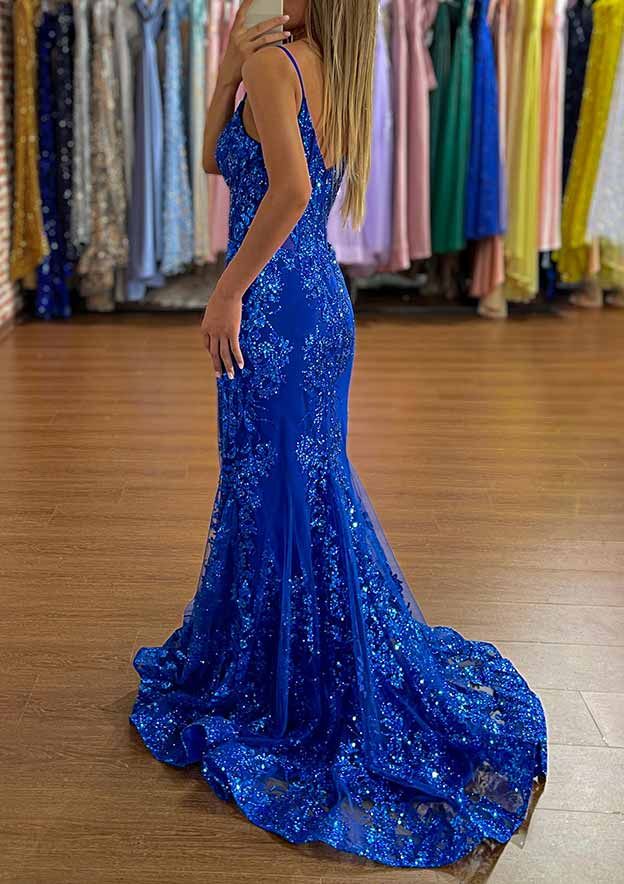 Sexy Royal Blue Mermaid V Neck Spaghetti Straps Applique Sequin Maxi Long Party Prom Gowns,Evening Dresses,FM18