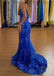 Sexy Royal Blue Mermaid V Neck Spaghetti Straps Applique Sequin Maxi Long Party Prom Gowns,Evening Dresses,FM18