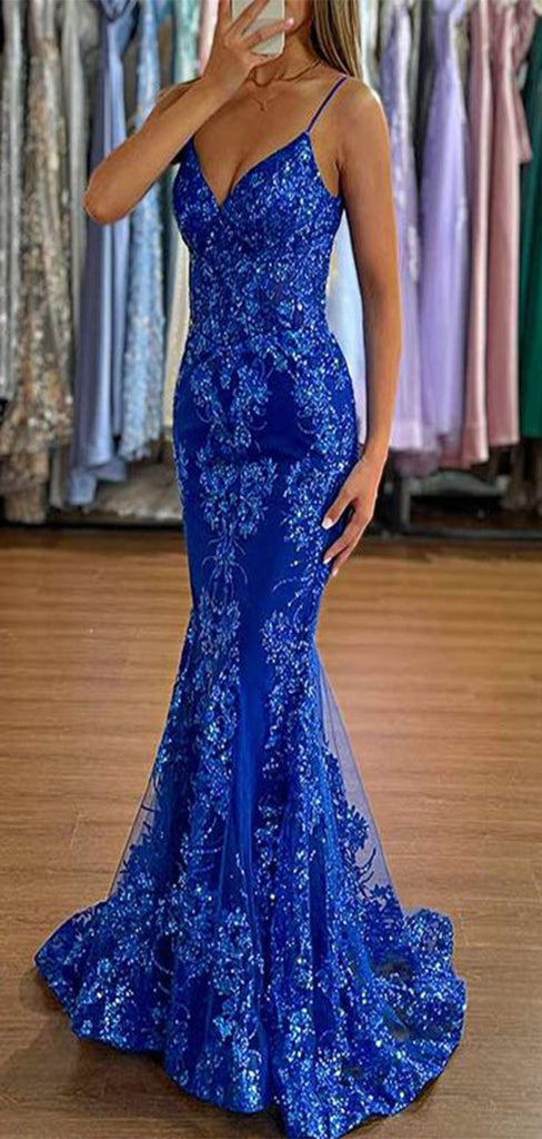 Sexy Royal Blue Mermaid V Neck Spaghetti Straps Applique Sequin Maxi Long Party Prom Gowns,Evening Dresses,FM18