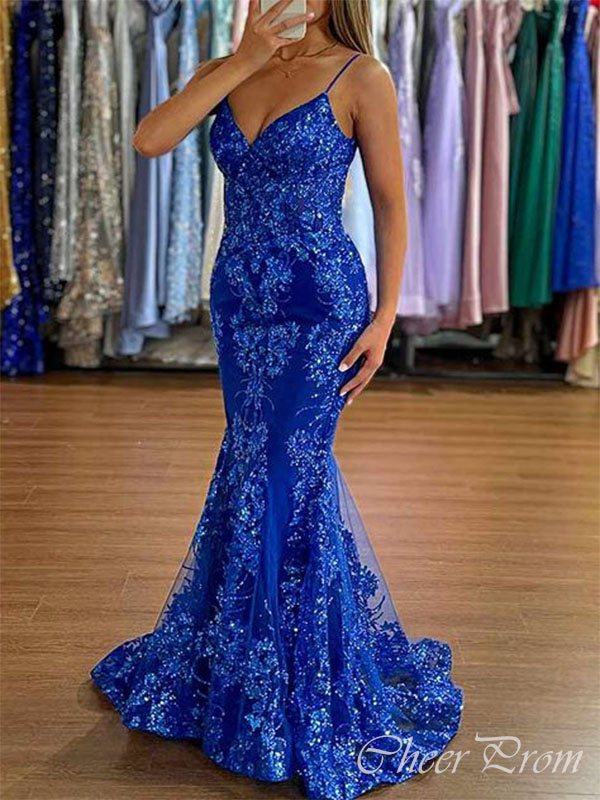 Sexy Royal Blue Mermaid V Neck Spaghetti Straps Applique Sequin Maxi Long Party Prom Gowns,Evening Dresses,FM18