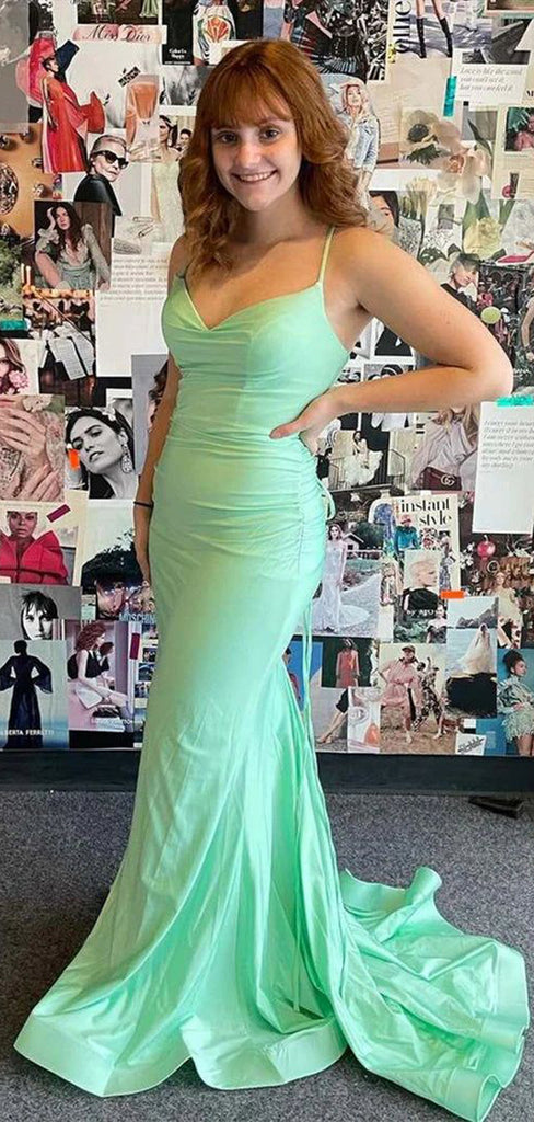 Simple Green Mermaid Spaghetti Straps V Neck Sleeveless Maxi Long Party Prom Dresses, Evening Gowns, FM367