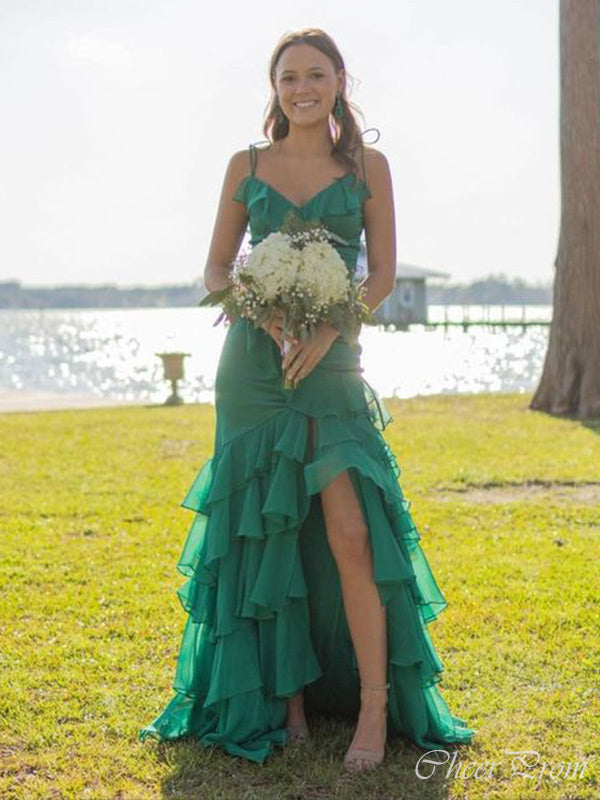 Elegant Emerald Green A-Line Spaghetti Straps Side Slit Ruffle Maxi Long Party Prom Dresses, Evening Gowns, FM190