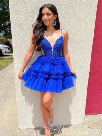 Sexy Blue A-Line Spaghetti Strap Lace Popular Short Homecoming Prom Dress, CPH248