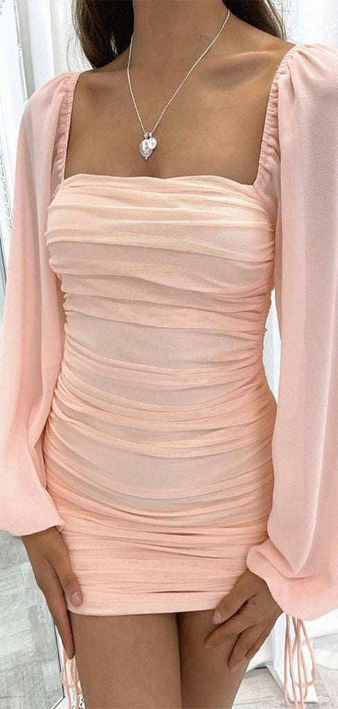 Elegant Pink Mermaid Square Full Sleeve Popular Short Homecoming Prom Dress, CPH245