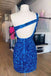 Shiny Dark Blue One Shoulder Sleeveless Sequin Popular Short Homecoming Prom Dress, CPH186