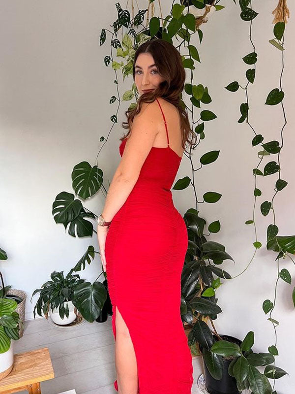 Sexy Red Mermaid Spaghetti Straps Square Sleeveless Maxi Long Party Prom Dresses, Evening Gowns, FM332