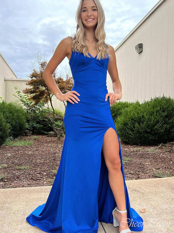 Elegant Blue Mermaid Spaghetti Straps V Neck Side Slit Maxi Long Party Prom Dresses, Evening Gowns, FM191