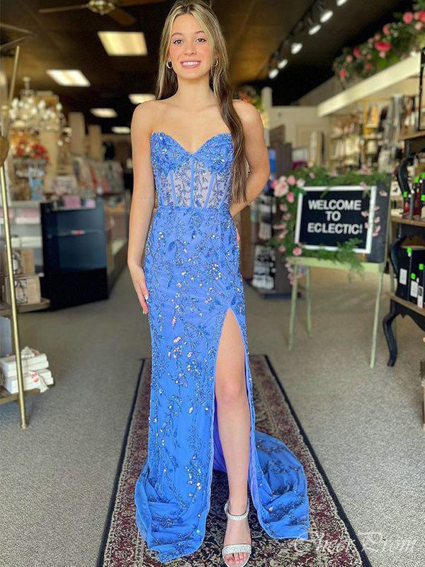 Gorgeous Blue Mermaid Strapless Side Slit Lace Sequin Maxi Long Party Prom Dresses, Evening Gowns, FM194