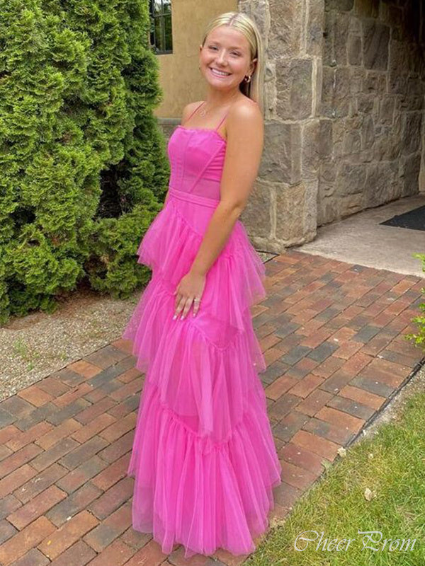 Elegant Pink A-Line Spaghetti Straps Sweetheart Ruffle Maxi Long Party Prom Dresses, Evening Gowns, FM197