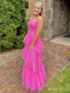 Elegant Pink A-Line Spaghetti Straps Sweetheart Ruffle Maxi Long Party Prom Dresses, Evening Gowns, FM197