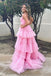 Gorgeous Pink A-Line Spaghetti Straps V Neck Ruffle Maxi Long Party Prom Dresses, Evening Gowns, FM198