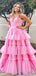 Gorgeous Pink A-Line Spaghetti Straps V Neck Ruffle Maxi Long Party Prom Dresses, Evening Gowns, FM198