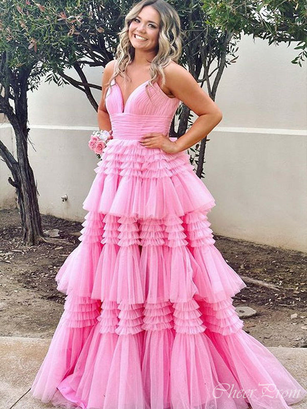 Gorgeous Pink A-Line Spaghetti Straps V Neck Ruffle Maxi Long Party Prom Dresses, Evening Gowns, FM198